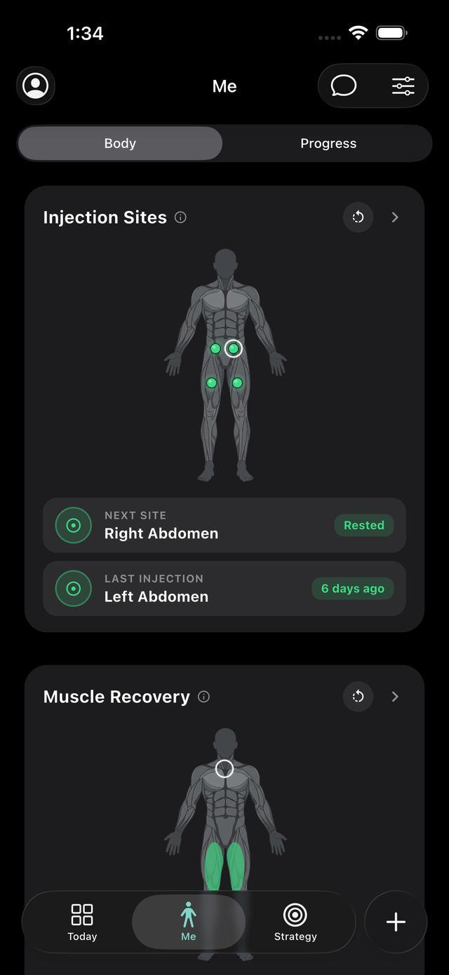 FinallyMe interactive injection-site body map with next site called