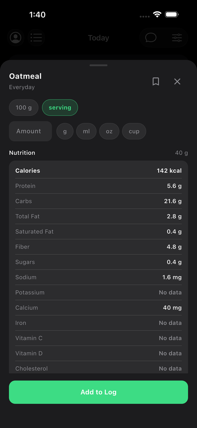 FinallyMe nutrition detail for oatmeal showing full macro and micronutrient panel with flexible portion units