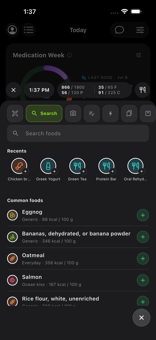 FinallyMe food logging with barcode, search, photo, and a 31,000-food catalog