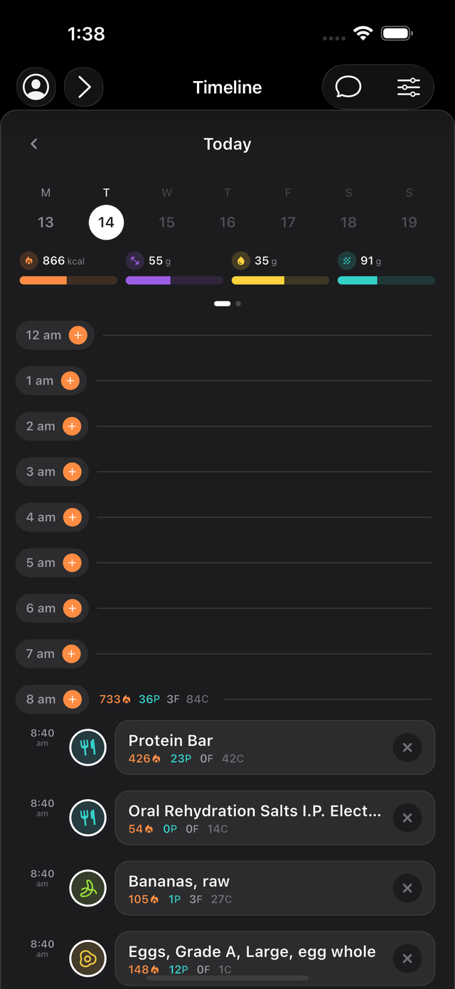 FinallyMe unified daily timeline with meals and per-hour totals