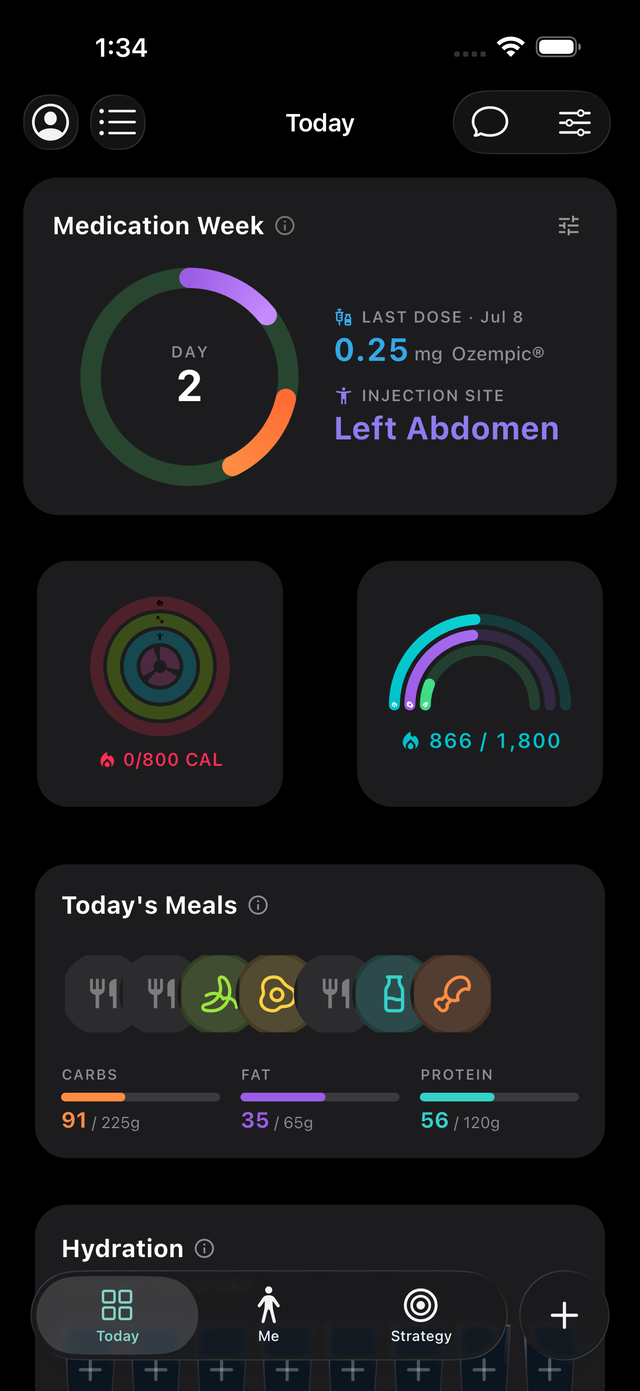 FinallyMe Today dashboard with medication week, activity rings, calories, meals, and hydration