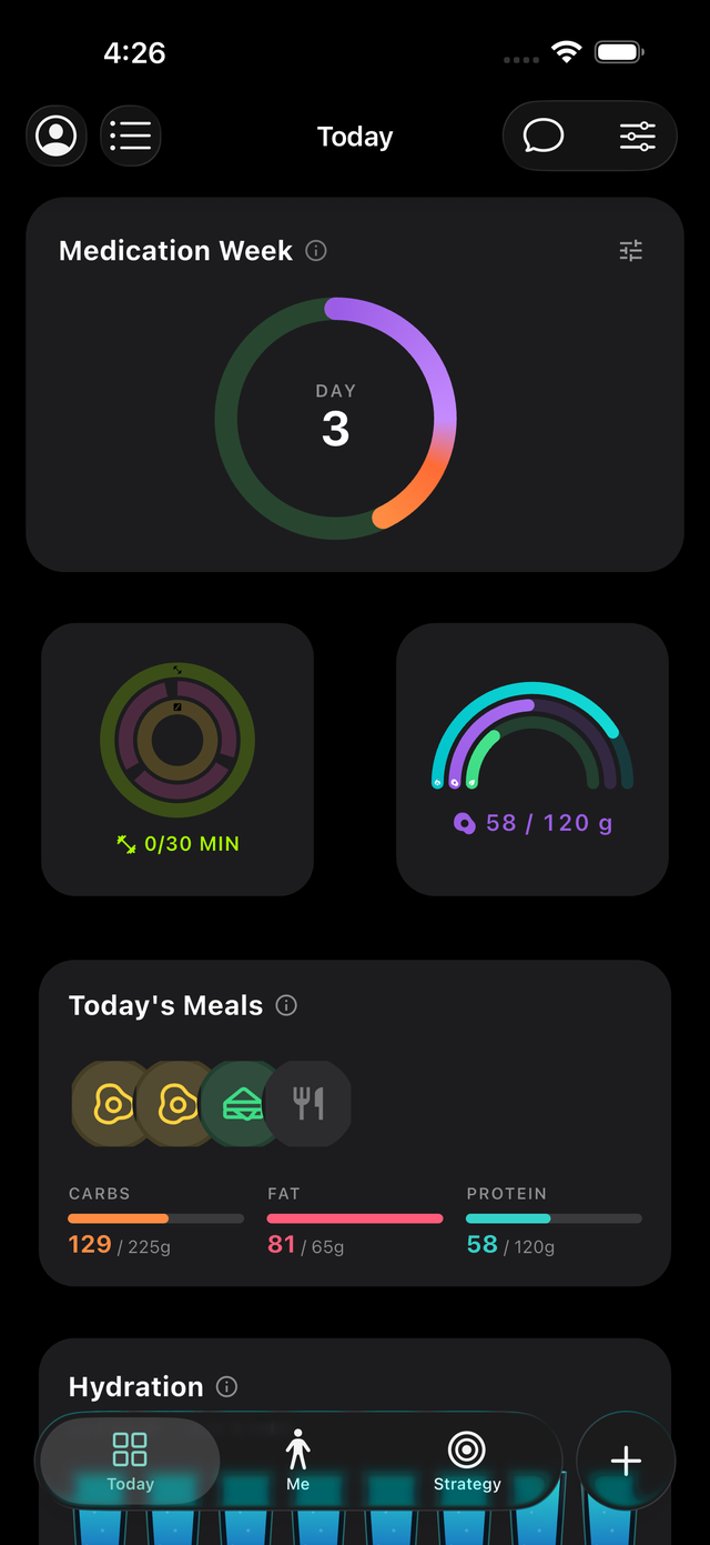 FinallyMe Today screen: medication week day 3, activity, protein, meals, and hydration